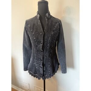 CAAMANO Embroidered Fitted ButtonUp Shirt Jacket Bohemian Black-White Sz Medium